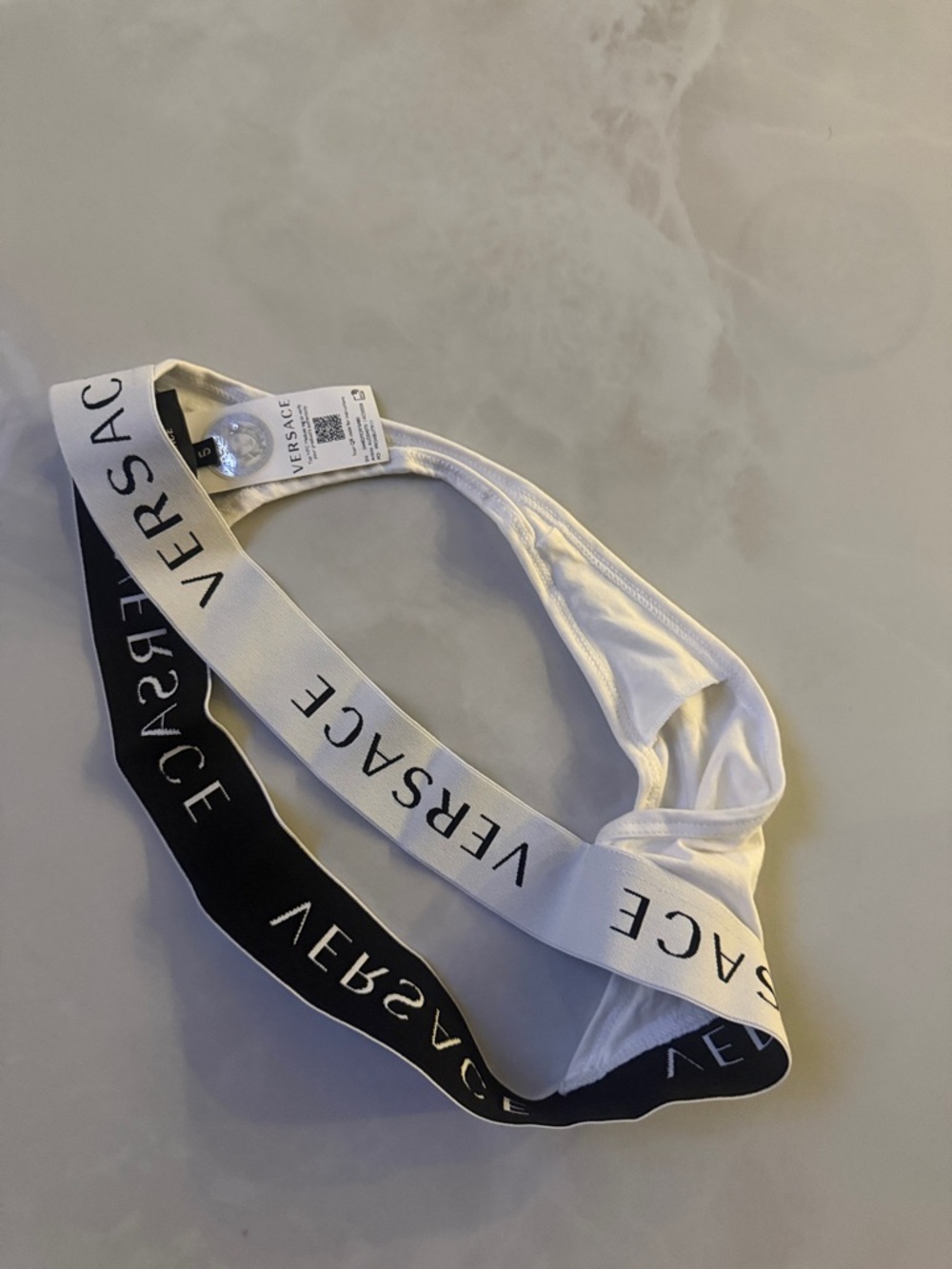 Versace White and Black Logo Elastic Thong - Picture 4 of 5